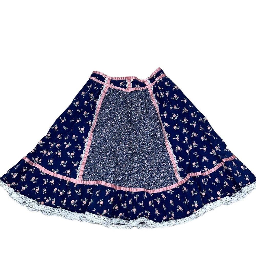 Vintage 70s Gunne Sax Style Girls Prairie Skirt Satin Lace Trim Floral Pattern